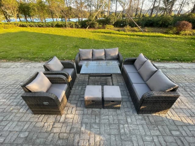 Fimous 10 Seater Rattan Outdoor Garden Furniture Sofa Set Patio Table & Chairs Set with 3 Seater Sofa 2 Small Footstool Dark Grey Mixed Dark Grey