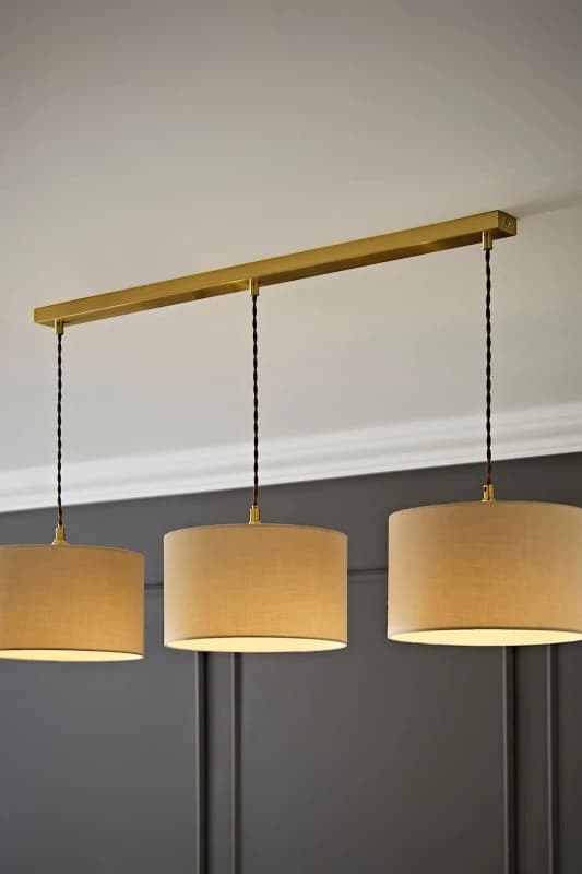 ValueLights ValueLights Reni Fabric Drum Shade 3 Drop Bar Gold Diner Ceiling Pendant Light in Natural Natural One Size Unisex 5059406063145