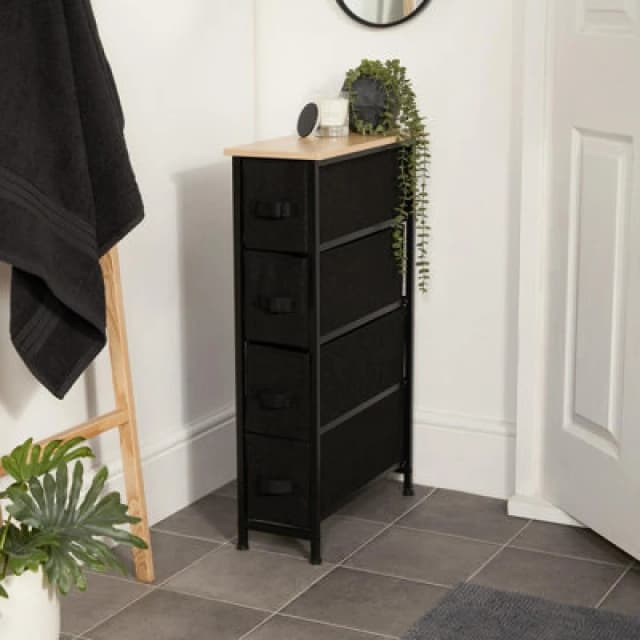 OHS OHS Narrow 4 Drawer Storage Cabinet Bedside Table Unit Fabric Organiser in Black One Size Unisex 5027434212286