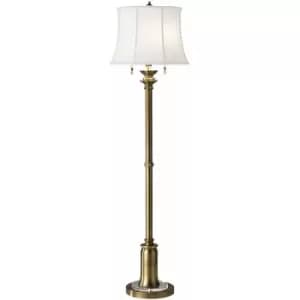 Loops - 2 Bulb Twin Floor Lamp Pull On Off Switch White Linen Shade Bali Brass E27 60W