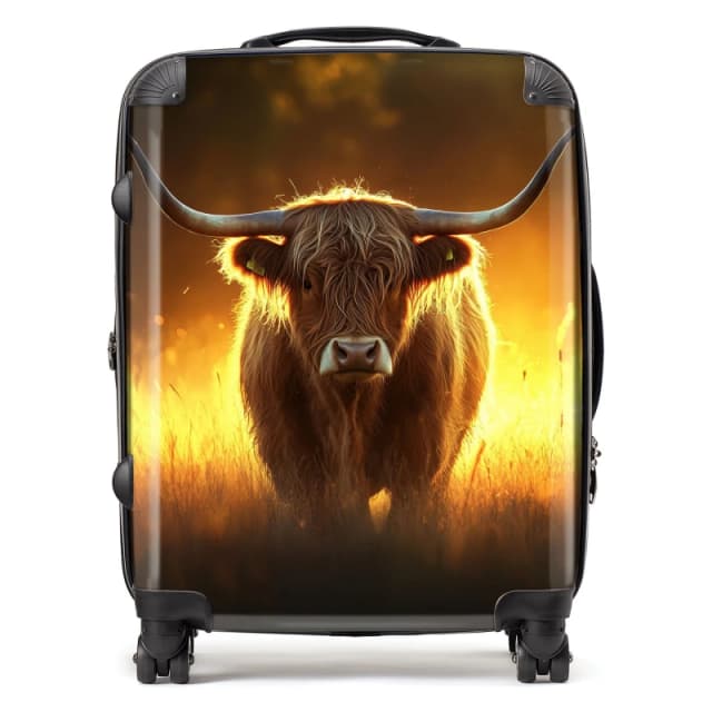 Warren Reed - Designer Highland Cow Sunset Suitcase in Orange Size: Large Orange Unisex Large