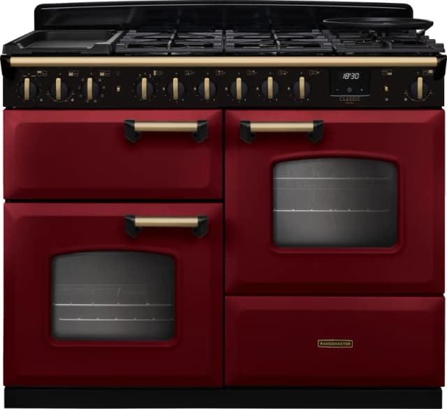 Rangemaster Classic Deluxe 110 CLDLO110DFPBOR/AB1 110cm wide Dual Fuel Range Cooker with Gas Hob - Bordeaux / Chrome - A Rated