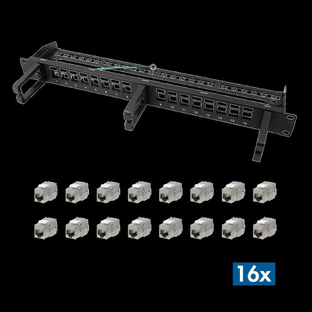 LogiLink Modular 16-port Cat.6A keystone panel. 19"/1U. with 3 ca