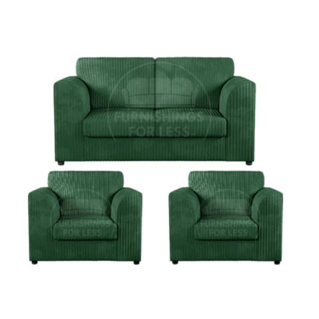 Furnishings For Less UK Luxor Jumbo Cord 2 + 1 + 1 Fabric 3 Piece Sofa Suite - Fullback Green