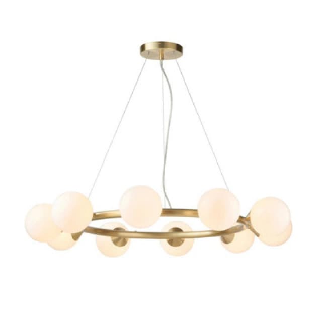 Grosseto Globe Pendant Ceiling Light Satin Brass Plate, Gloss White Glass