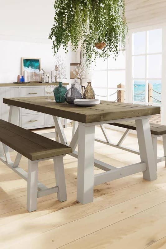 FWStyle 2M Solid Reclaimed Truffle Pine Finish Dining Table With 2 Free Extension Leafs Brown