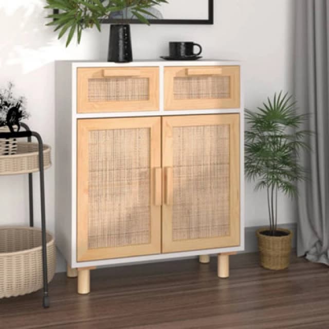 vidaXL Sideboard White 60x30x75cm Solid Wood Pine and Natural Rattan, White 345636