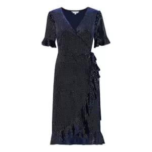 Yumi Navy Velvet Metallic Spot Wrap Dress - Blue
