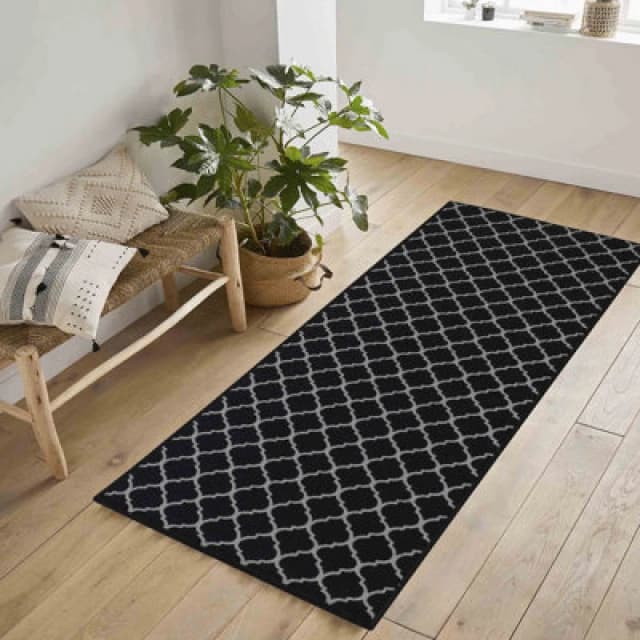 Machine Washable Trellis Design Anti Slip Doormats Black 67X220 Cm