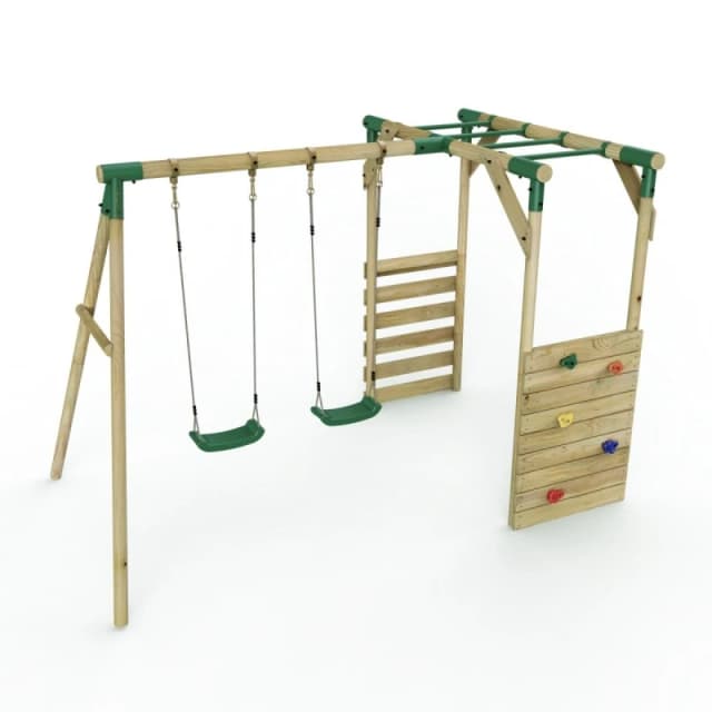 Rebo Wooden Double Swing Set with Climbing Wall and Monkey Bars - Venus Green Green
