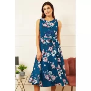 Yumi Teal Watercolour Floral Skater Dress - Blue