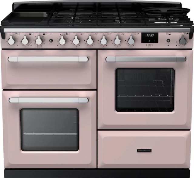 Rangemaster Estel Deluxe ESDLO110DFPPPK/CM1 110cm wide Dual Fuel Range Cooker with Gas Hob - Pale Pink / Chrome - A/A Rated