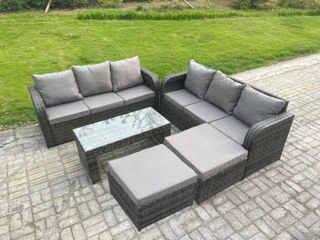Fimous Outdoor Lounge Sofa Set Rattan Garden Furniture Set with Rectangular Coffee Table 2 Big Footstool Dark Grey Mixed Dark Grey