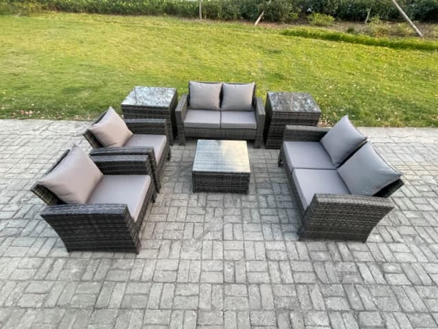 Fimous Rattan Garden Furniture Set Patio Outdoor Lounge Sofa Set with Square Coffee Table Double Seat Sofa 2 Side Tables in Dark Grey Dark Grey Unisex