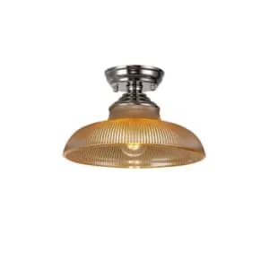 Dresden Flush Ceiling Lamp E27 With Round 30cm Glass Shade Polished Nickel, Amber
