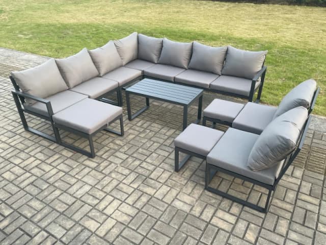 Fimous Aluminium 12 Seater Patio Outdoor Garden Furniture Lounge Corner Sofa Set with Oblong Coffee Table with 3 Footstools Dark Grey Dark Grey Unisex