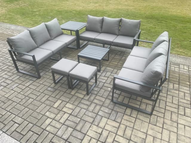 Fimous Aluminium 11 Seater Outdoor Garden Furniture Set Patio Lounge Sofa with Coffee Table Side Table 2 Small Footstools Conservatory Set Dark Grey U