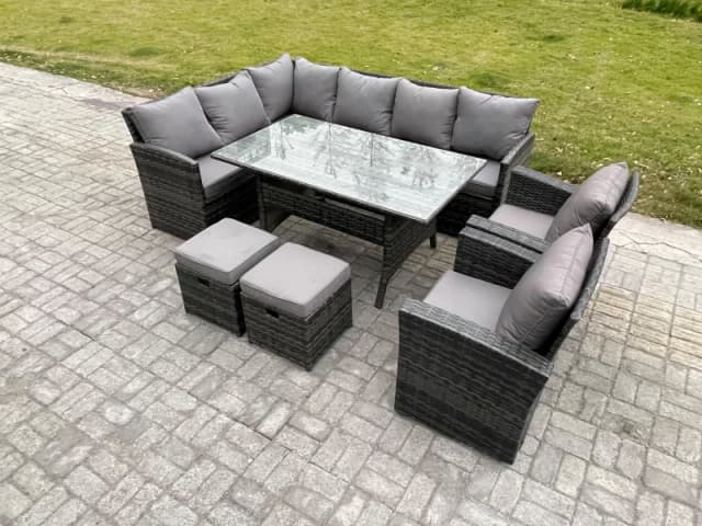 Fimous 10 Seater Outdoor Rattan Garden Furniture Set with Rectangular Dining Table 2 Small Footstool 2 Armchairs Patio Wicker in Dark Grey Dark Grey U