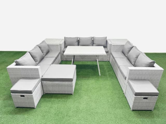 Fimous 12 Seat Patio PE Rattan Garden Furniture with 2 Side Tables 3 Stool in Light Grey Light Grey Unisex