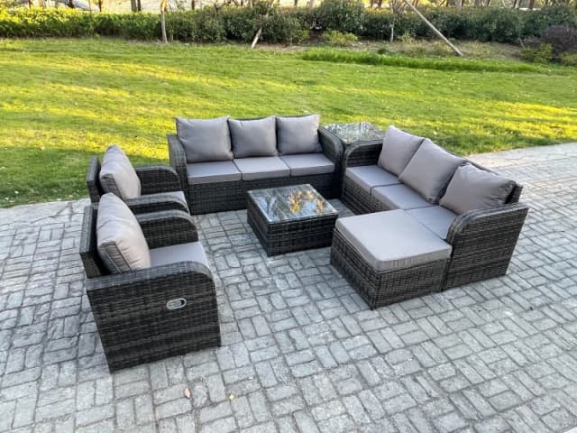 Fimous High Back Rattan Garden Furniture Set with Coffee Table Big Footstool Side Table Indoor Outdoor Patio Lounge Sofa Set Dark Grey Mixed Dark Grey