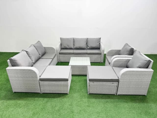 Fimous PE Rattan High Back Lounge Sofa Set Patio Square Coffee Table & Chairs Set with 3 Seater Sofa Reclining Chair 2 Big Footstool Light Grey Light