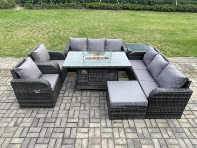 Fimous Garden Patio Furniture Wicker Rattan Gas Fire Pit Table and Sofa set with Recling Chair Side Table Big Footstool Dark Grey
