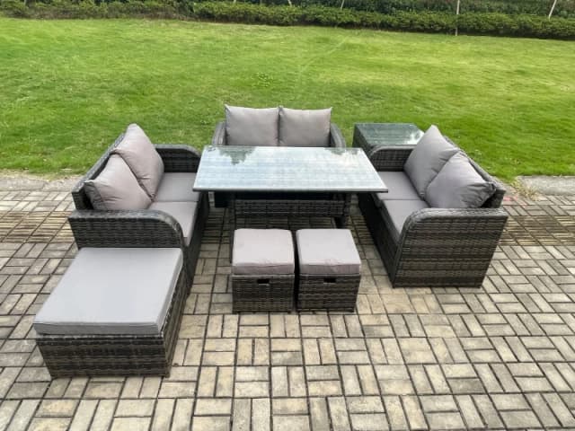 Fimous 9 Seater Outdoor Rattan Garden Furniture Set with Patio Rectangular Dining Table Love Sofa Side Table 3 Footstools Dark Grey Mixed Dark Grey Un