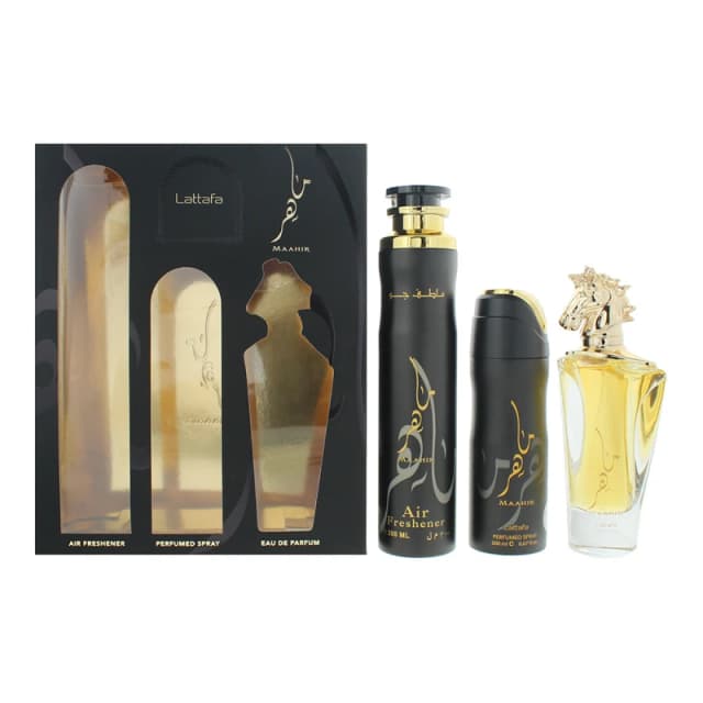 Lattafa Maahir 3 Piece Gift Set: Eau de Parfum 100ml - Air Freshener 300ml - Perfumed Body Spray 200ml