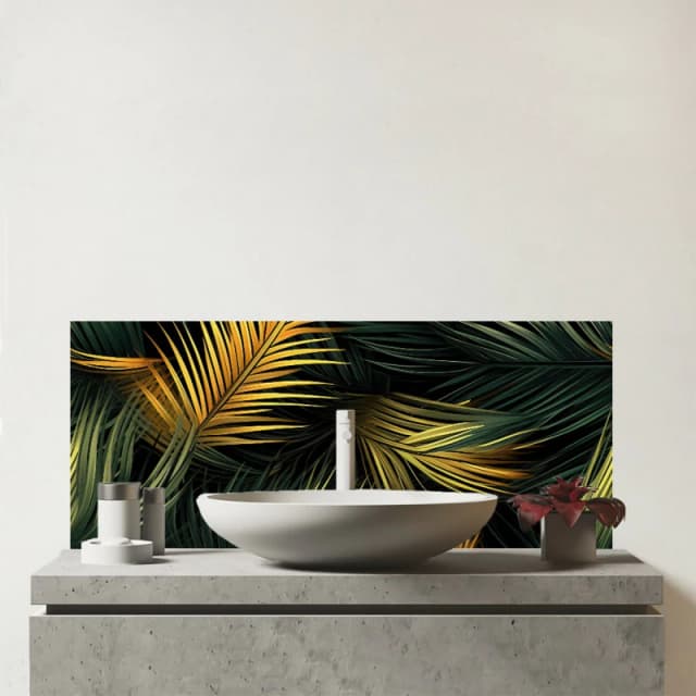Warren Reed - Designer Golden Palm Leaves Glass Bathroom Splashback in Green Green Unisex