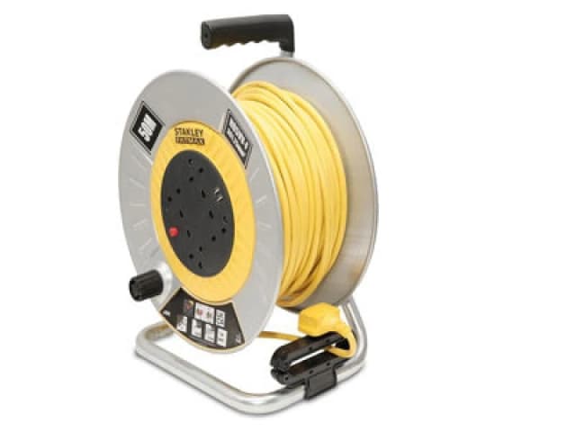 Stanley 6 Socket Open Metal Drum Cable Reel 240v and USB 50m SXECGM2OHXE