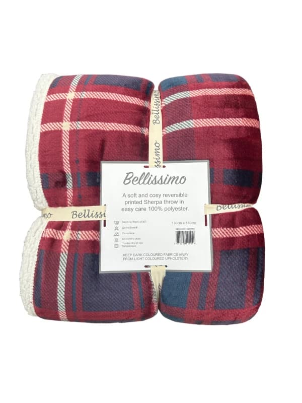 Red Check Sherpa Throw. Warm Soft Fleece Throw With Sherpa Reverse. 130 X 180Cm