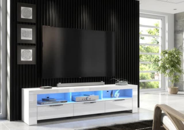 Furneo 200Cm White Long TV Stand Unit Cabinet Matt & High Gloss Blue LED Lights Phantom 10