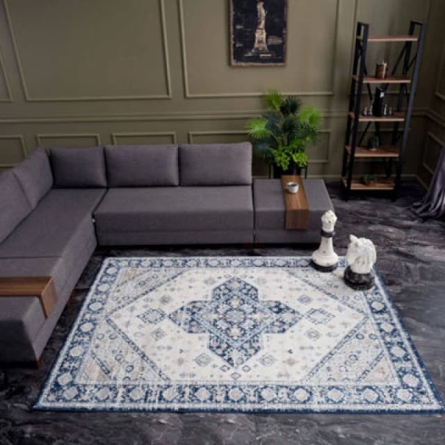 The Rugs Montana Navy Cream Oriental Area Rug And Runner Soft Durable Pet Friendly Easy To Clean Living Room Bedroom 4010