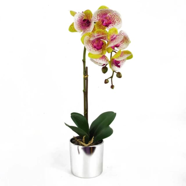 Leaf 46cm Artificial Orchid Harlequin Pink with Silver Pot Pink unisex