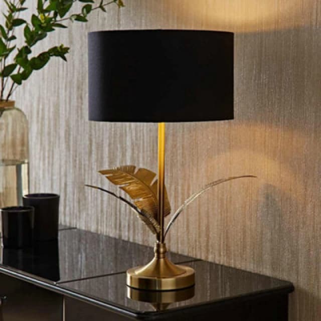 ValueLights ValueLights Christina Fabric with Metallic Gold Inner Drum Shade Gold Palm Leaf Table Lamp in Black One Size Unisex 5059406065361