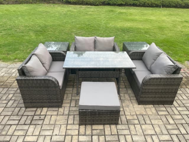 Fimous 7 Seater Outdoor Rattan Garden Furniture Set with Patio Rectangular Dining Table Love Sofa 2 Side Tables Big Footstool Dark Grey Mixed Dark Gre