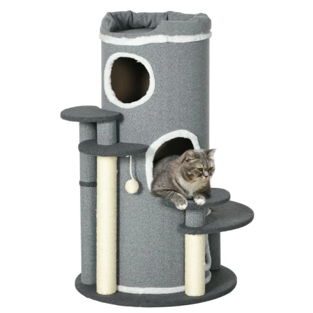 PawHut Barrel Shaped Cat Tree With Sisal Scratching Posts - Grey D30-705V00GY