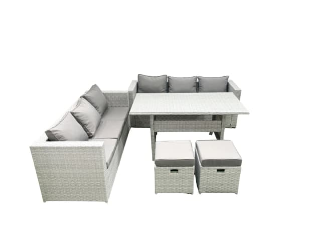 Fimous Rattan Garden Furniture Set 8 Seater Outdoor Sofa Set with Dining Table 2 Small Footstools Light Grey Mixed Light Grey