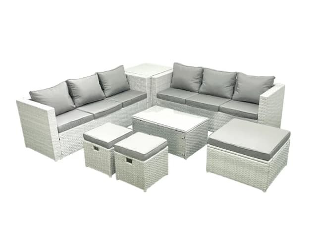 Fimous Garden Outdoor PE Rattan Furniture Set 9 Seater Rattan Garden Sofa Set with 3 Footstools Side Table Light Grey Mixed Light Grey