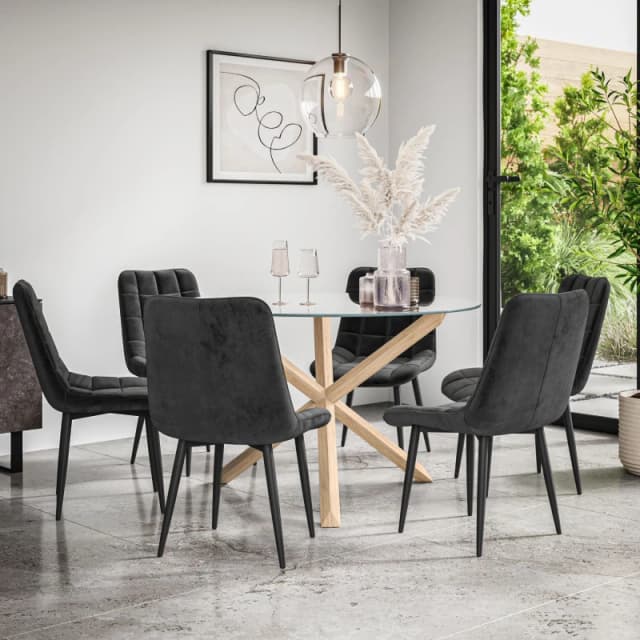 More4Homes Malvern Round Dining Table And Chairs - Clear Glass Table Top W Solid Oak Legs + Nova Velvet Dining Chair Set Of 6 (Black)