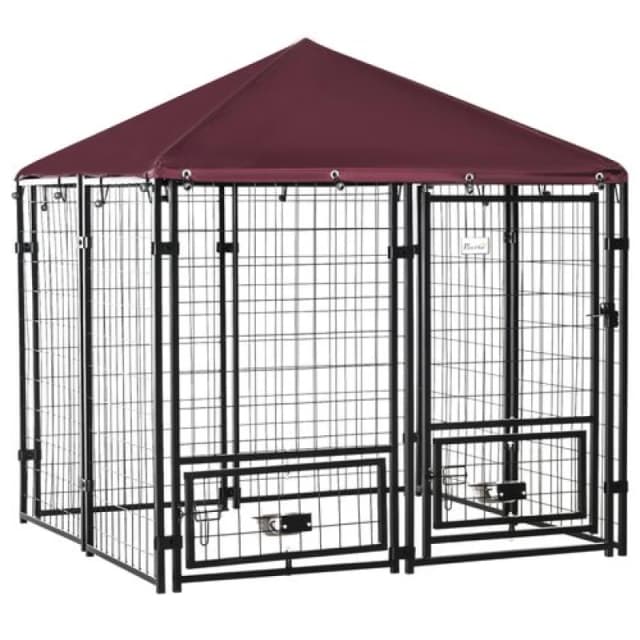 PawHut Dog Kennel with Rotating Bowl Holders - Cover - Outdoor Dog Run TJ Hughes 5061025119646