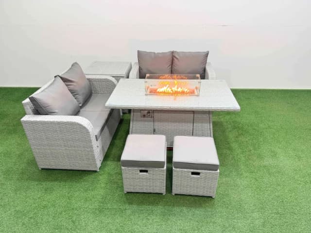 Fimous 6 Seater Outdoor Love Sofa Set Rattan Garden Furniture Set with Firepit Dining Table 2 Small Stools Side Table Light Grey Light Grey