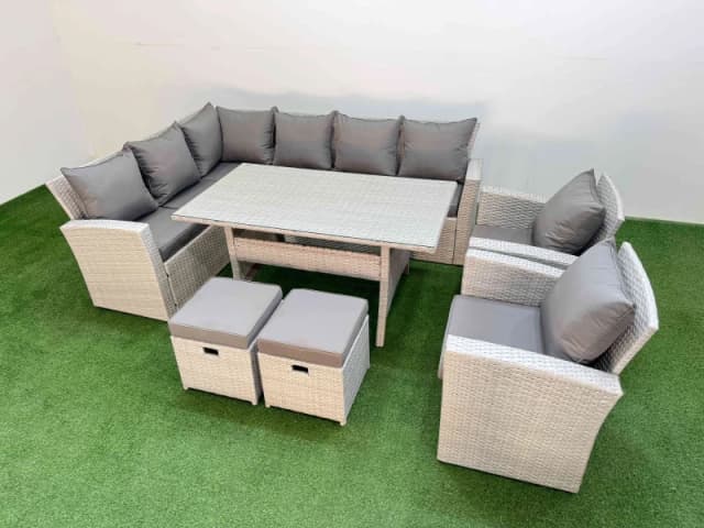 Fimous 10 Seater Rattan Garden Furniture Set Table 2 Chair 2 Small Footstool in Light Grey Light Grey Unisex