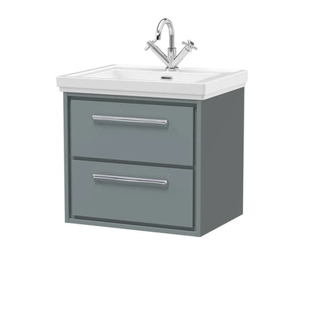Balterley Modern Bathroom Wall Hung 2-Drawer Vanity, Fireclay Basin, Grey, 600mm in Grey Grey Unisex