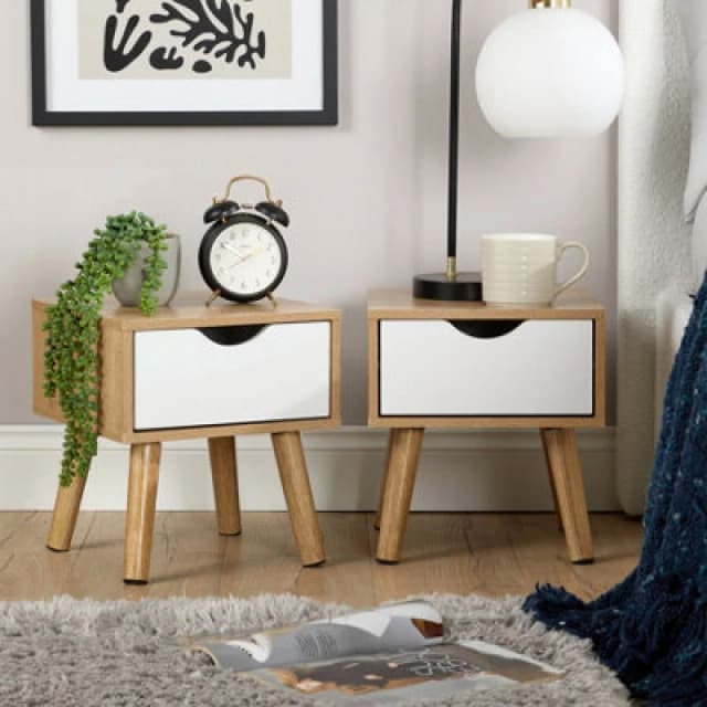 Home Source Boden Pair Of 1 Drawer Oak White Bedside Table Storage Units