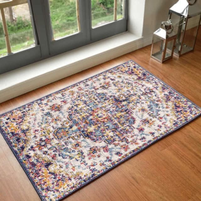 Livabliss Harput-Vintage Blue Orange Yellow Grey Traditional Boho Living Rug in Navy Size: 60cm x 90cm Navy Unisex 60cm x 90 cm