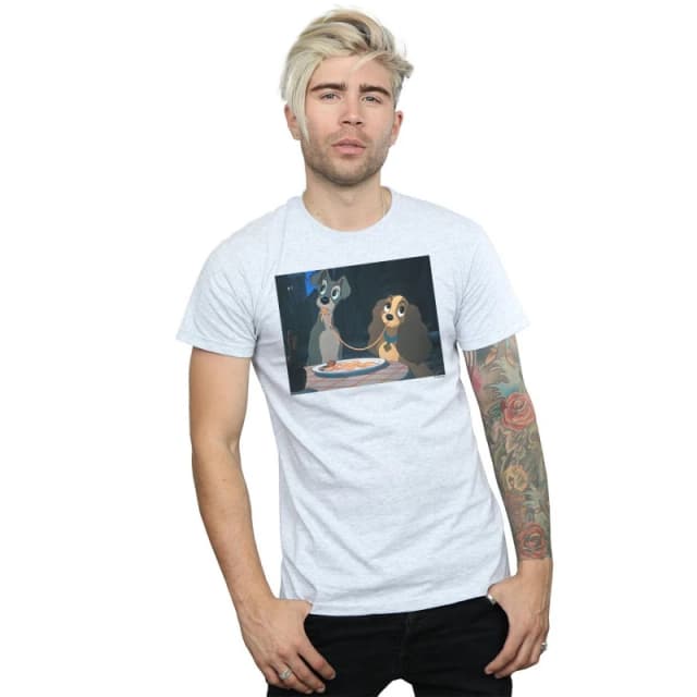 Disney Men Lady And The Tramp Spaghetti Slurp T-Shirt in Grey Size: Small Grey S Male 5059114359219