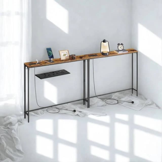 Pirlo Plush Set of 2 Industrial Console Table With Charging Station Rustic Brown Brown Unisex