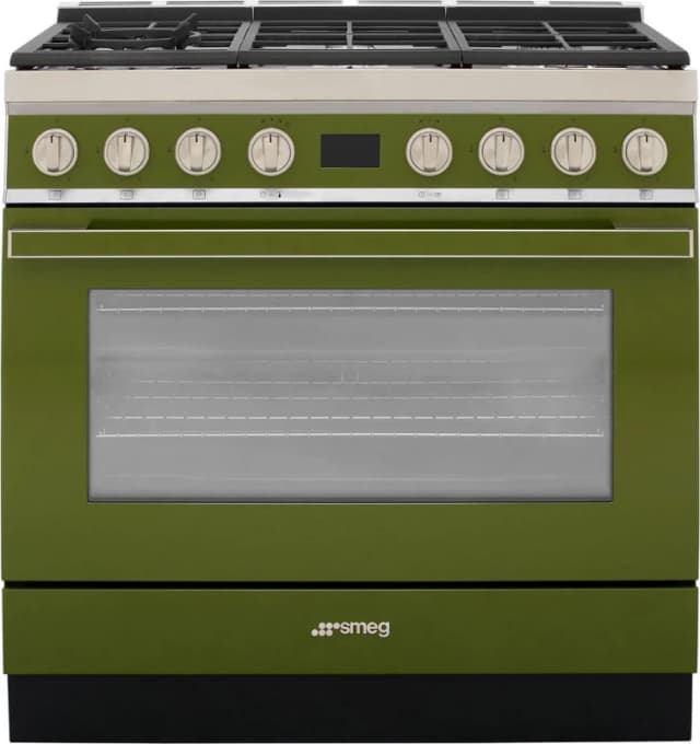 Smeg Portofino CPF9GPOG 90cm wide Dual Fuel Range Cooker with Gas Hob and Pyrolytic Cleaning - Olive Green - A+ Rated, Green