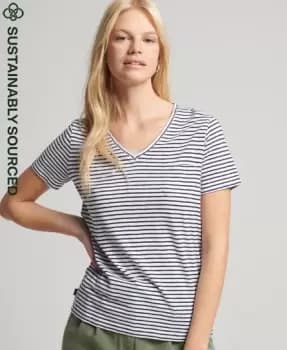 Superdry Womens Organic Cotton Studios Pocket V-Neck T-Shirt Navy / Navy Breton - Size: 8